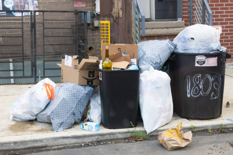 Trash on North 6th Street in Philadelphia on the first day of the city municipal workers strike July 1, 2025.
