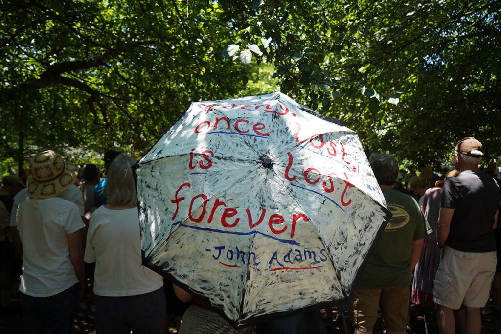 A large umbrella shades someone from the sun