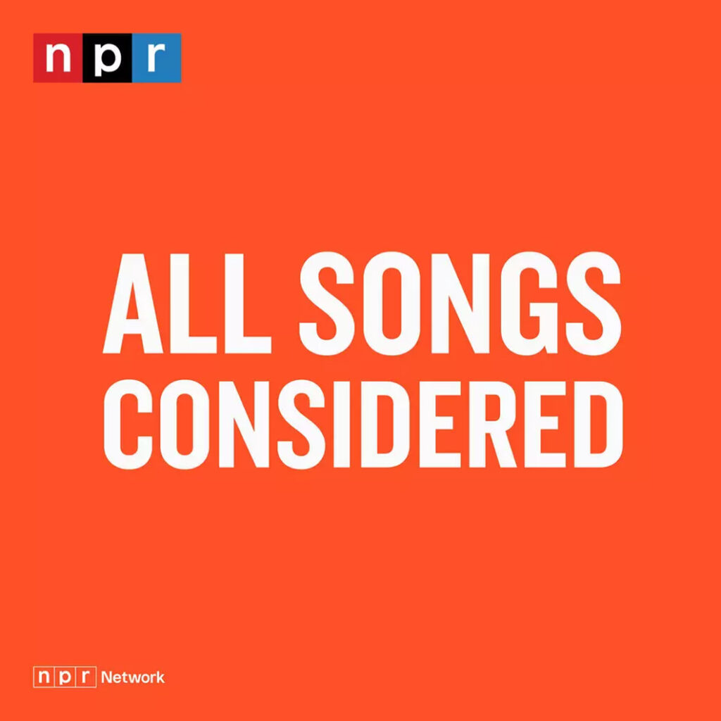 The logo image for All Songs Considered. The background is bright red orange. 