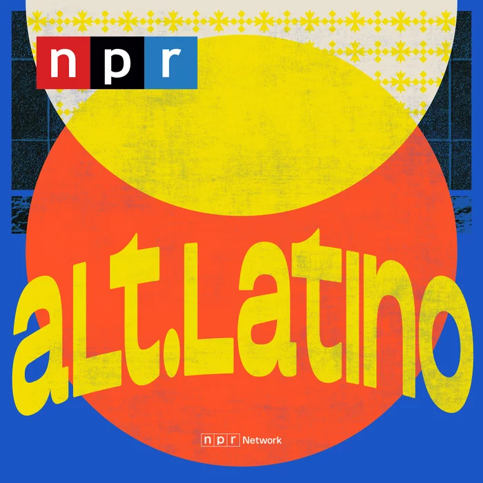 The podcast graphic/tile logo for Alt.Latino. The background has a geometric design with yellow and orange circles, and a blue and black background. The text 