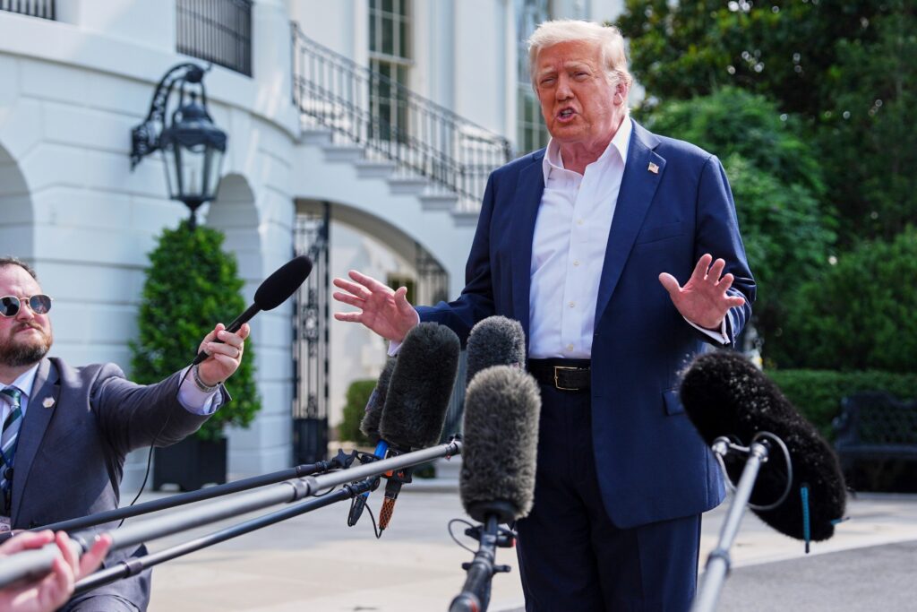 Donald Trump speaks to reporters