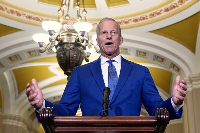 Sen. Majority Leader John Thune, R-S.D., talks after a policy luncheon