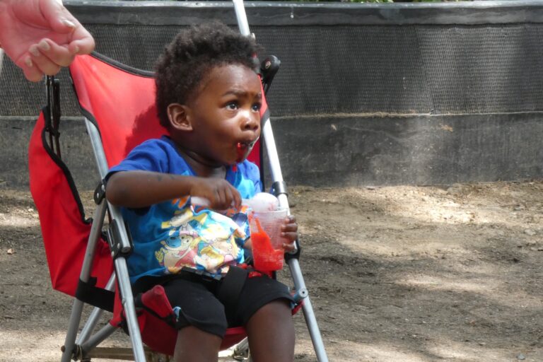 a child in a stroller eats water ice