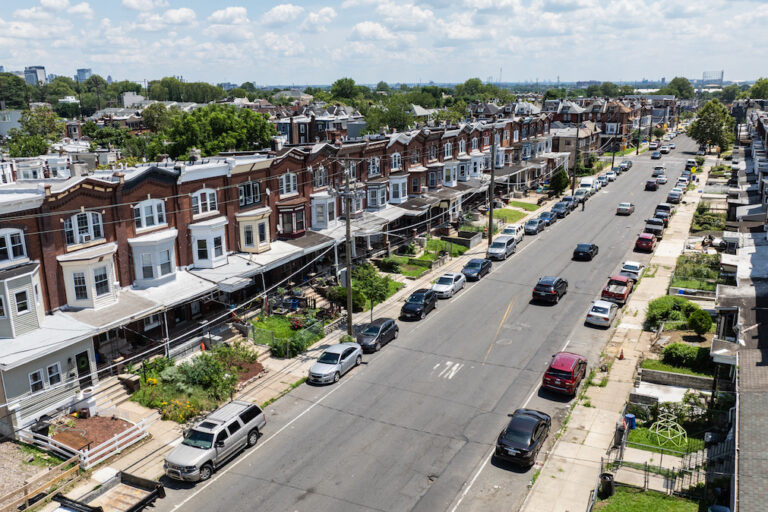 Properties on the 1100 and 1200 blocks of S 52nd Street in Southwest Philadelphia, aerial view
