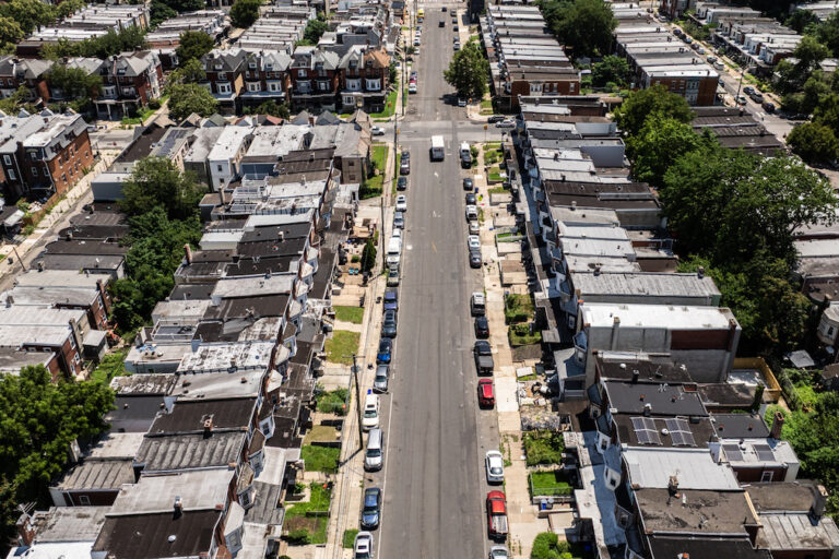 Properties on the 1100 and 1200 blocks of S 52nd Street in Southwest Philadelphia, aerial view