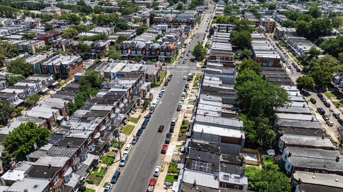 Properties on the 1100 and 1200 blocks of S 52nd Street in Southwest Philadelphia, aerial view