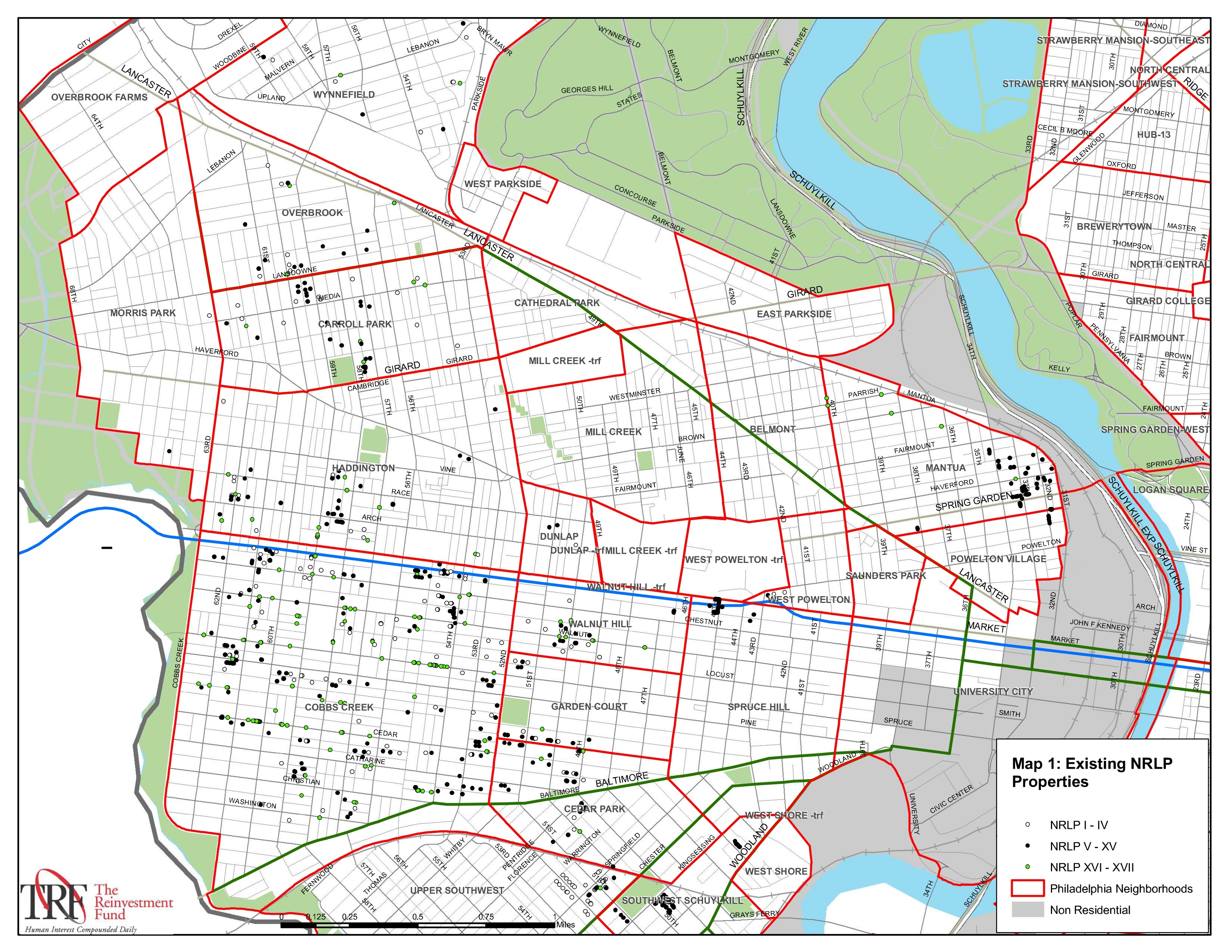 A map of Neighborhood Restorations properties in West and Southwest Philadelphia