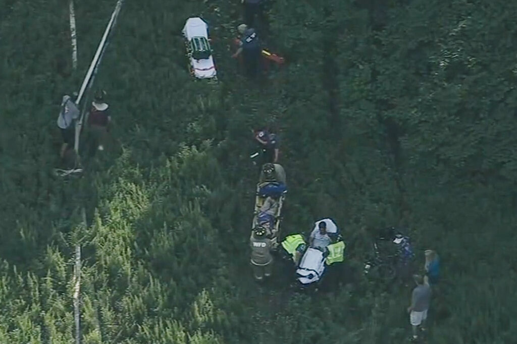 new-jersey-skydiving-plane-crash-2025 Medical professionals at the site of a plane crash near Cross Keys Airport in Gloucester County