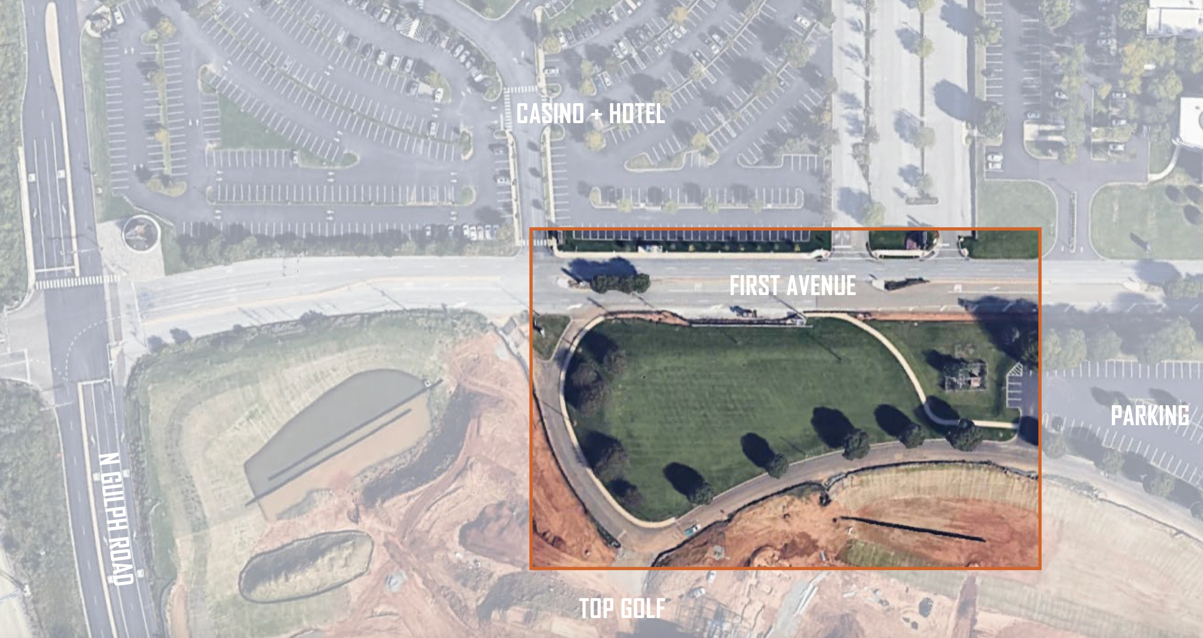 a map shows a rectangular area of space devoted to the new park, near the intersection of North Gulph Road and First Avenue