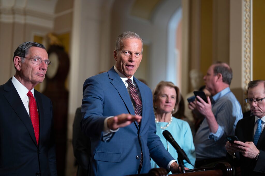 republicans-public-media-cuts-2025-07-15 Senate Majority Leader John Thune and other Senate Republicans
