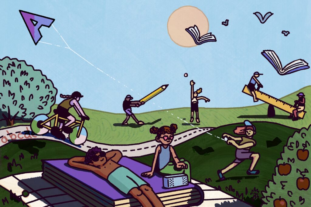 summer-kids-npr-2025-07-29 A whimsical illustration shows a park full of people. Two sit on a seesaw made from a giant ruler. One flies a kite in the shape of the letter 'A.' Two more sunbathe atop a book the size of a blanket. A batter swings an enormous pencil to hit a ball. A bicyclist pedals on a path marked with the alphabet.