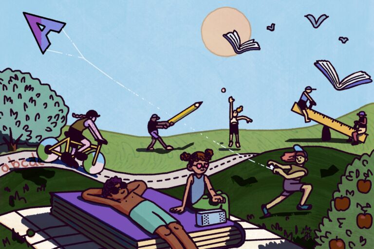 A whimsical illustration shows a park full of people. Two sit on a seesaw made from a giant ruler. One flies a kite in the shape of the letter 'A.' Two more sunbathe atop a book the size of a blanket. A batter swings an enormous pencil to hit a ball. A bicyclist pedals on a path marked with the alphabet.