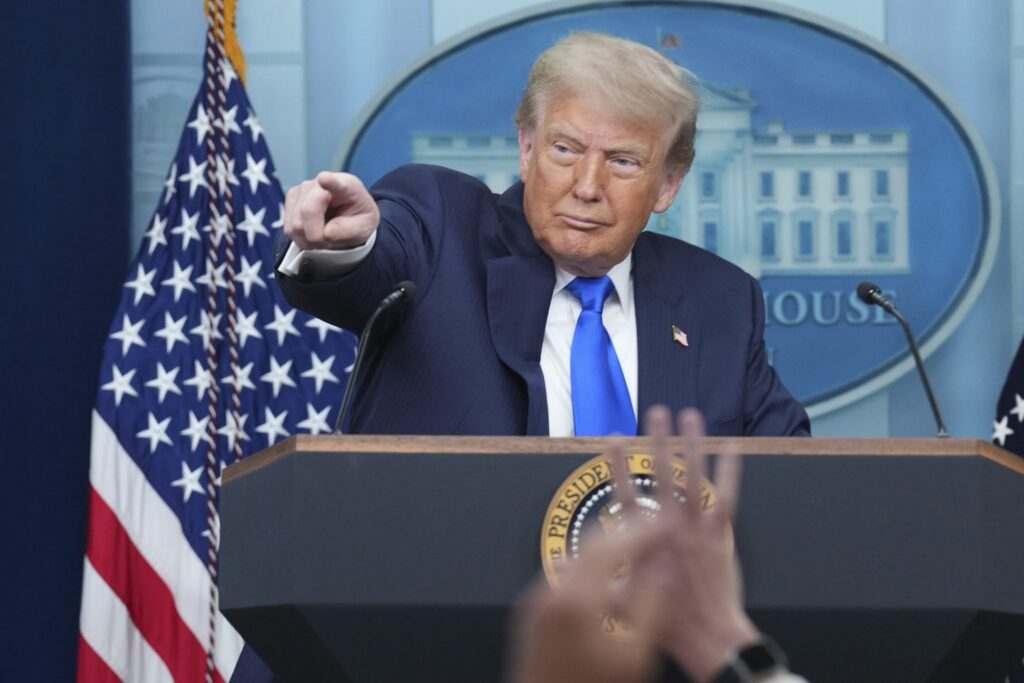 APTOPIX Trump Donald Trump pointing to a reporter during a press conference
