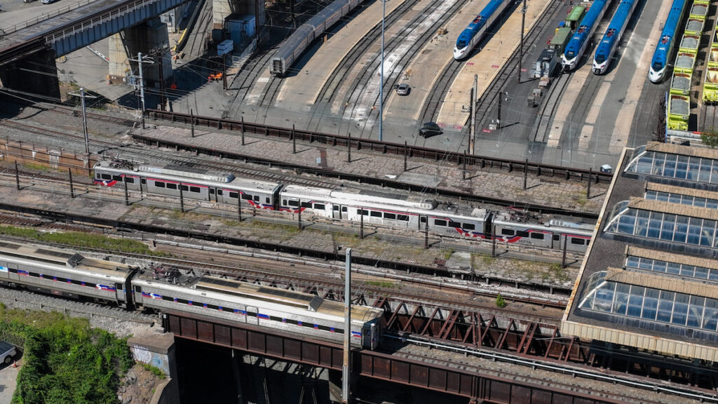08 22 2025 k paynter SEPTA aerials 30th Street station-6 SEPTA regional rail trains entering and exiting 30th Street station in Philadelphia.