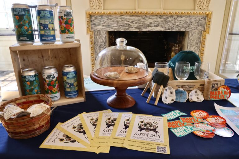a table with items from the Carpenters' Hall oyster event