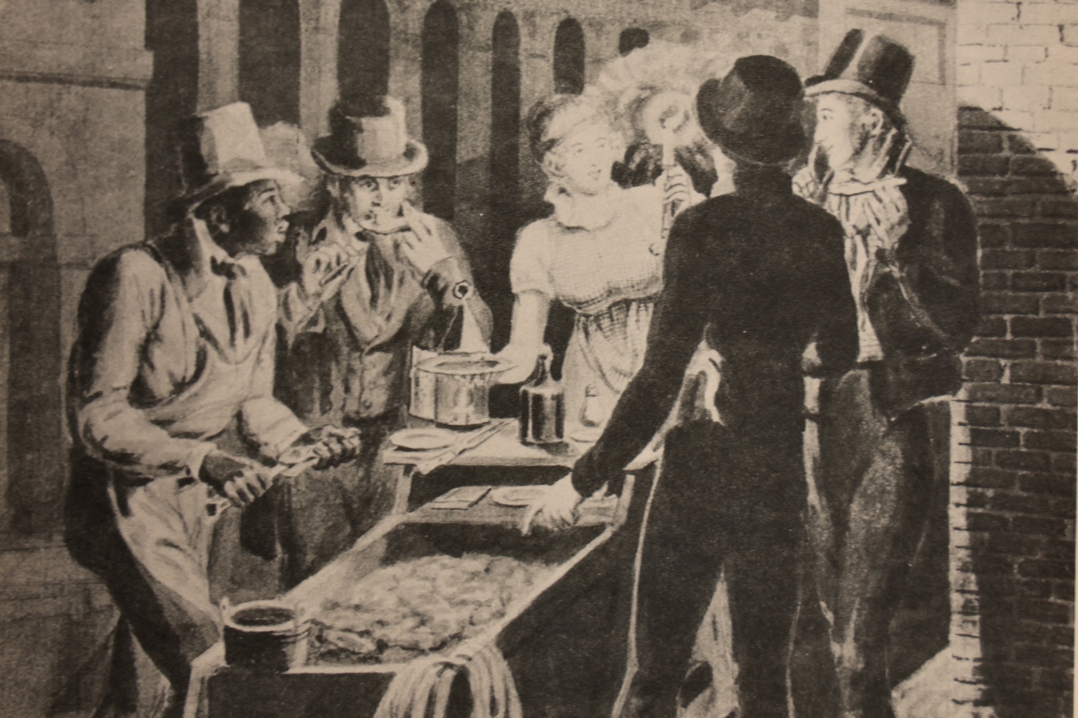 A print from the early 19th century shows a street vendor selling oysters in Philadelphia