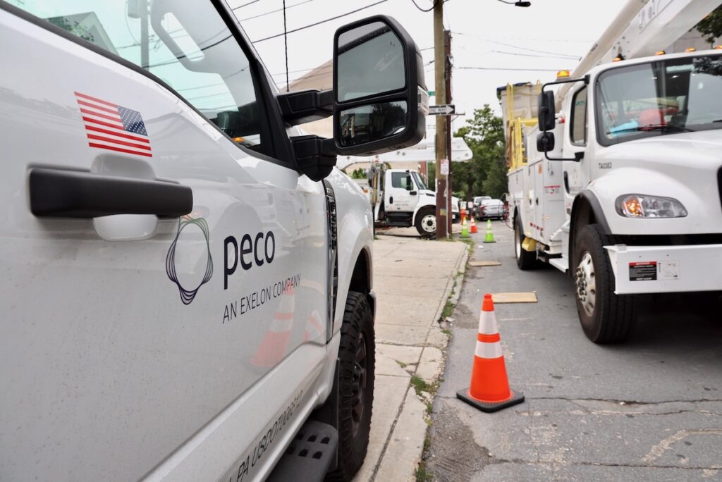 2025 08 21-e lee-philadelphia fishtown-peco trucks with cones PECO electric repair crew in Fishtown
