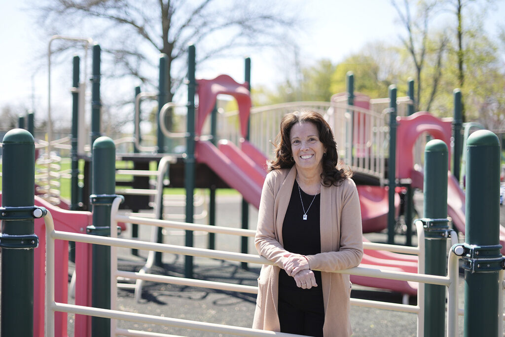 Gaudreau-Brothers-5K-Playground Jane Gaudreau, mother of hockey players Johnny and Matthew Gaudreau, stands in front of a children's playground