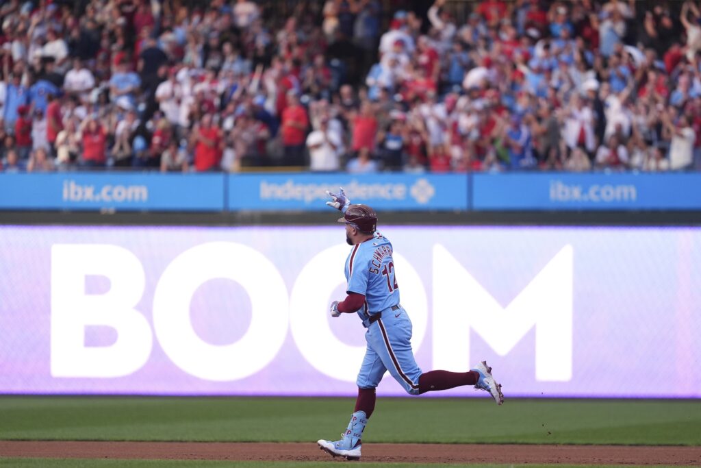 Braves_Phillies_Baseball Phillies' Kyle Schwarber reacts after hitting a home run against Atlanta Braves. (AP Photo/Matt Slocum)