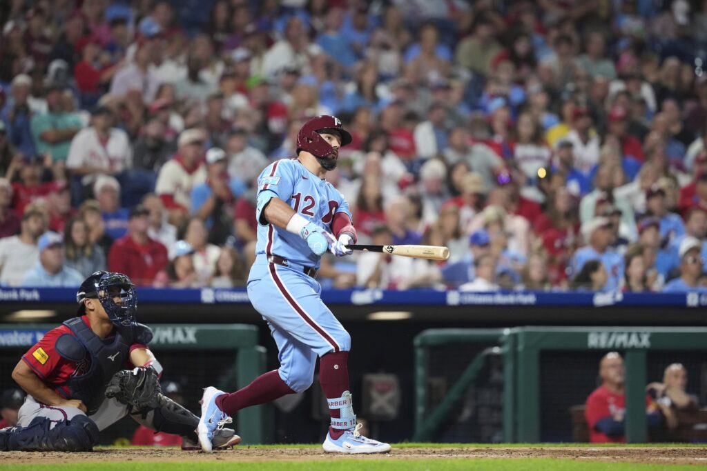 Braves_Phillies_Baseball_25241007829847 Kyle Schwarber watches after hitting a two-run home run