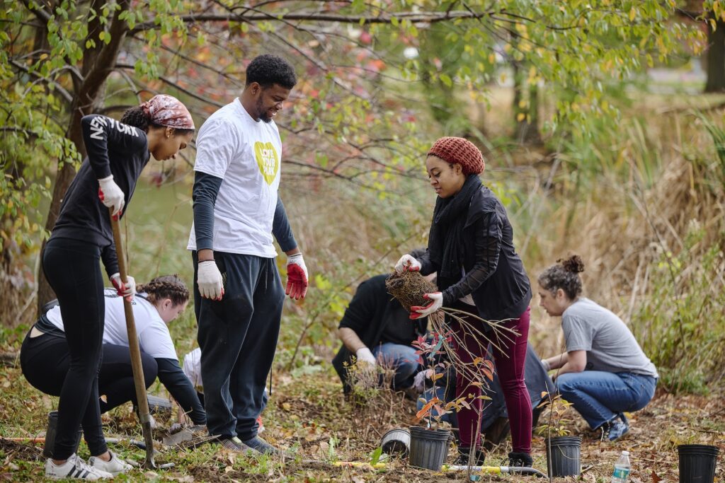 LoveYourPark Fall Service Day a group of people working to clean up a park