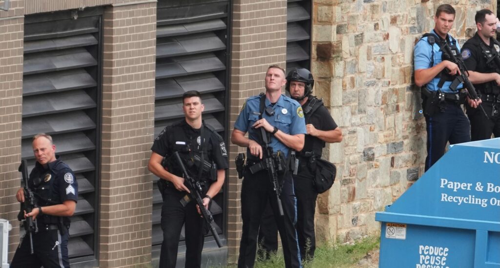 School Shooting Police gather at the Villanova University campus where an active shooter was reported Thursday, Aug. 21, 2025, in Villanova, Pa. (AP Photo/Matt Slocum)