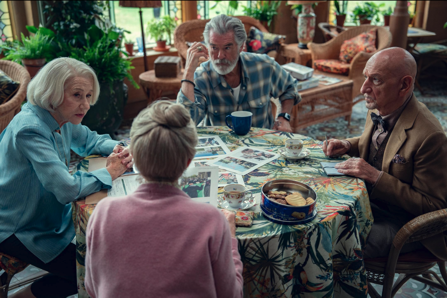 Pierce Brosnan, Helen Mirren, Ben Kingsley, and Celia Imrie in The Thursday Murder Club