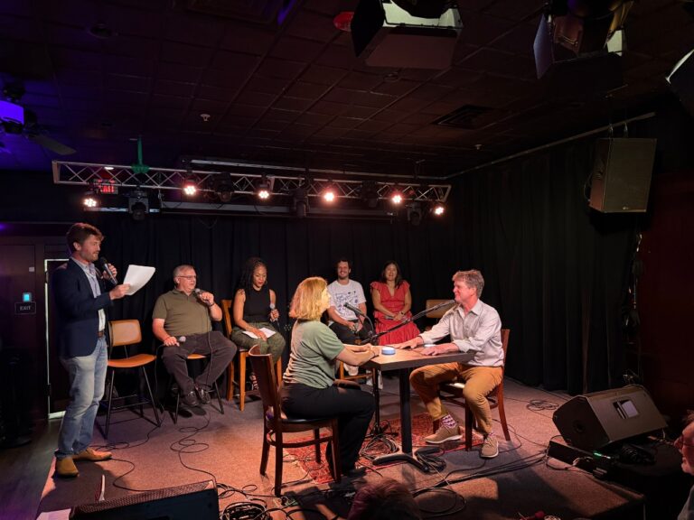 Maiken Scott, host of The Pulse, and arts and culture reporter Peter Crimmins are facing off at the Great Philly Pop Culture Showdown. (Photo: Andreas Copes/WHYY)