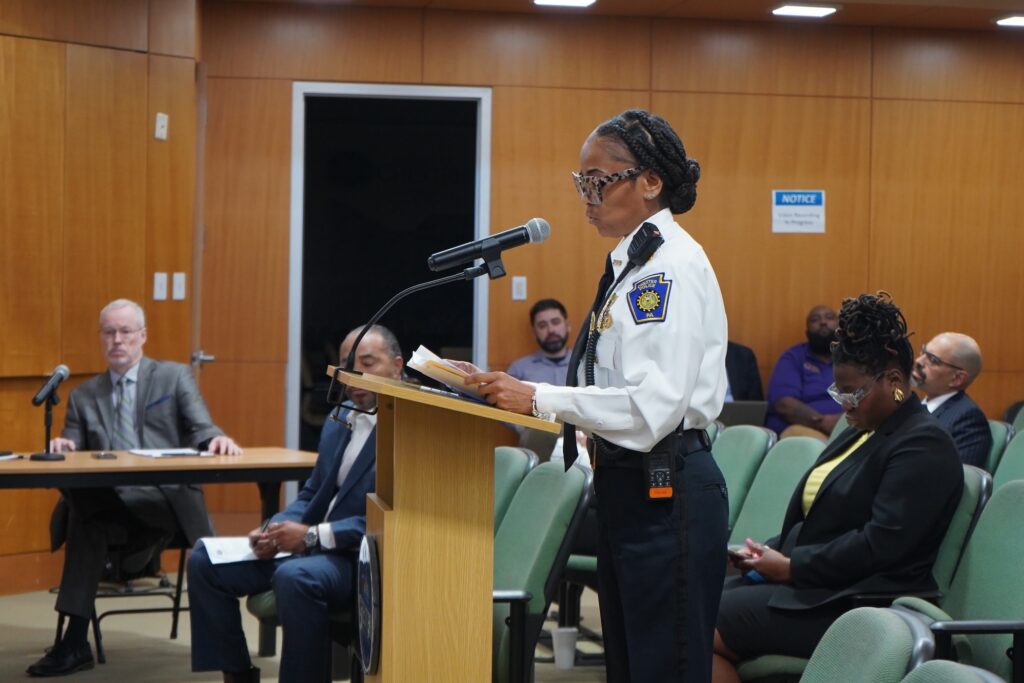 Katrina Blackwell addressing members of the Council from a podium