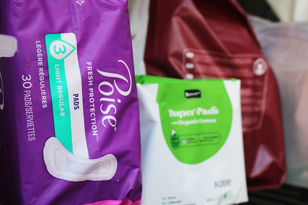 A shelf of menstrual and postpartum products