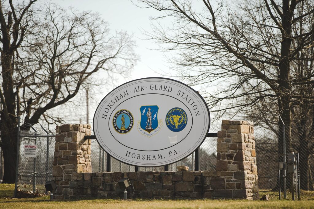 The welcome sign at the entrance of the Horsham Air Guard Station