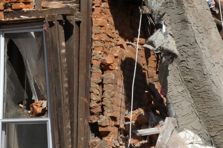 a close-up of a collapsed Philadelphia house
