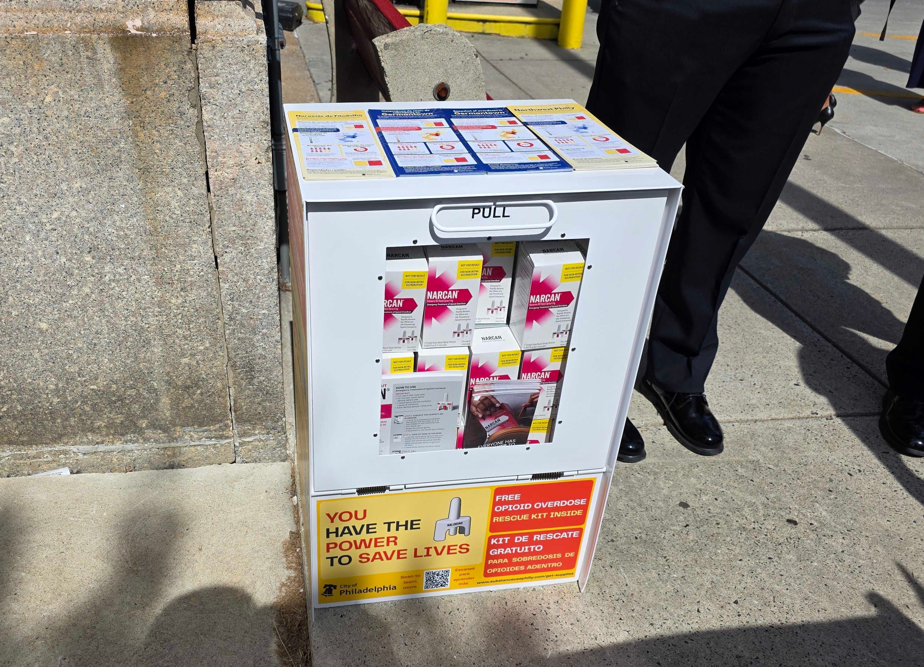 a box on a corner offering free Narcan