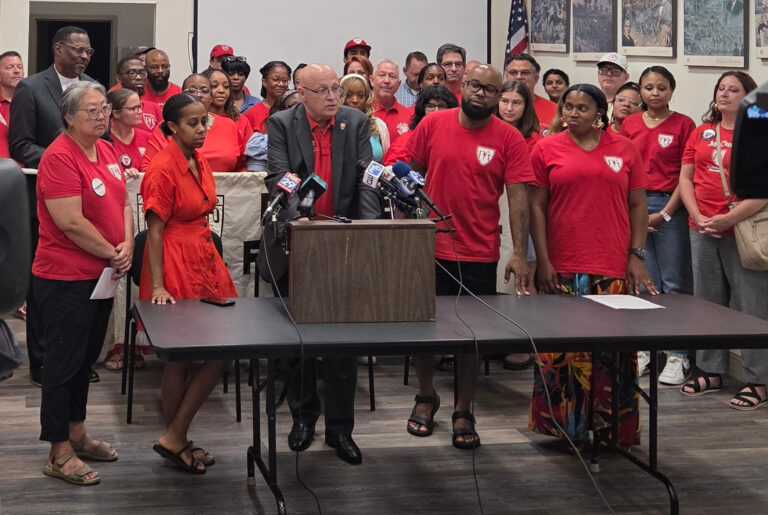 Arthur Steinberg speaking with Philadelphia Federation of Teachers members behind him