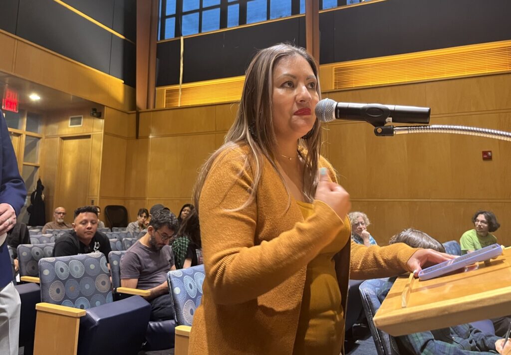 A woman speaks at a podium during the meeting