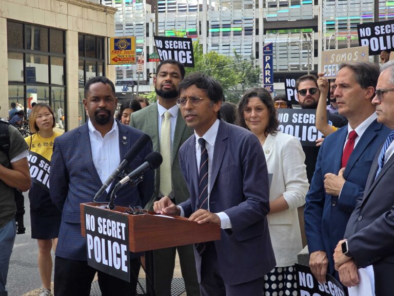 Nikil Saval speaks at an ICE rally