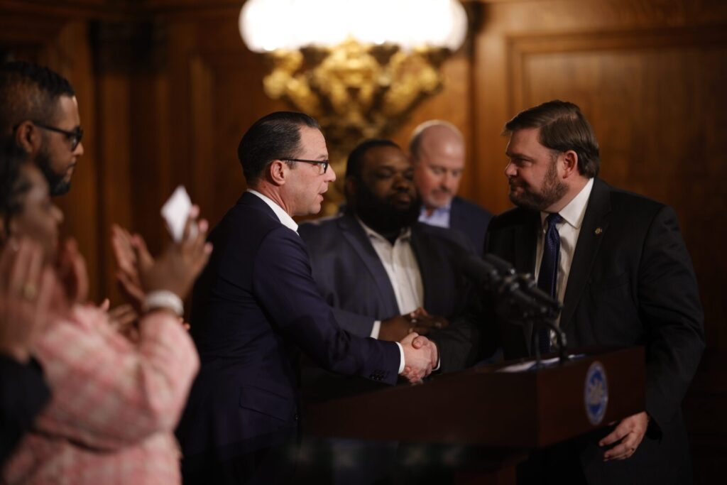 shapiro-pittman-commonwealth-media-services-2025-08-26 Josh Shapiro shaking hands with Joe Pittman