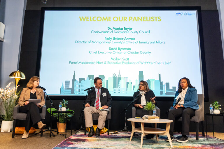 Four people sitting on stage for the panel discussion
