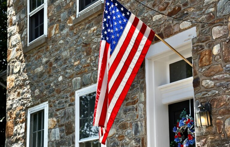 An American flag hanging