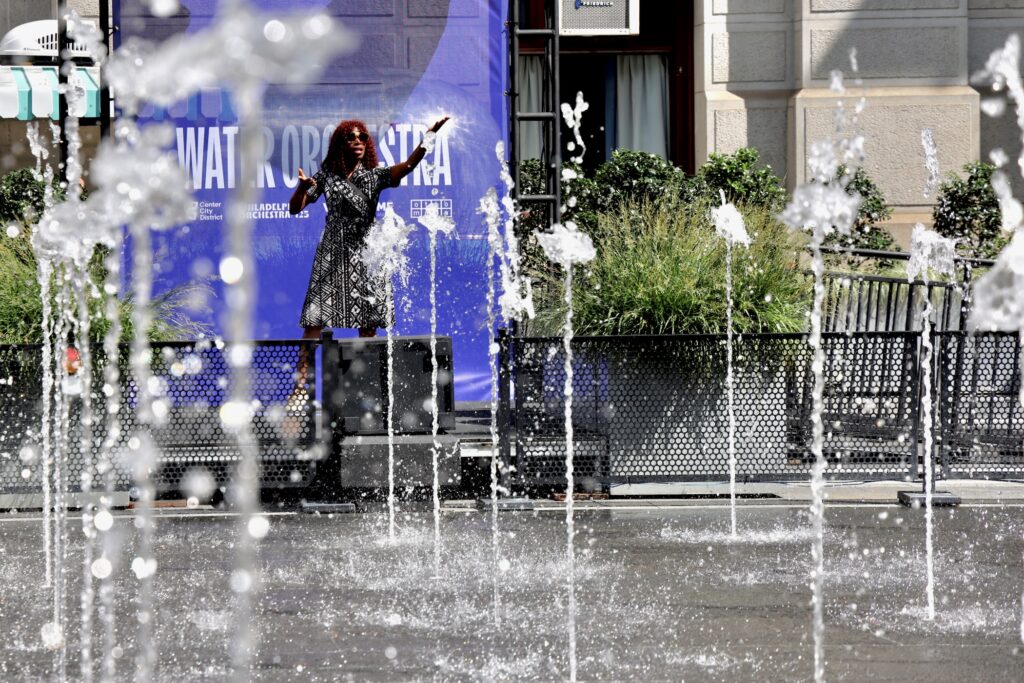 The Water Orchestra on display with jets of water coming up from the ground
