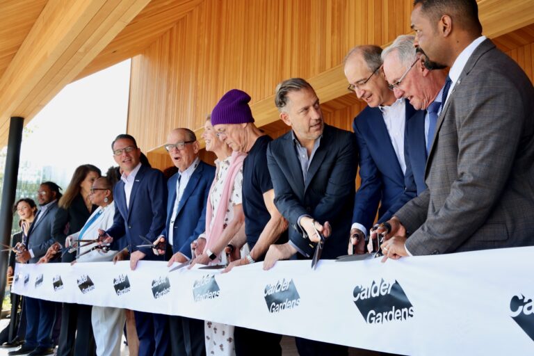 The grandson of sculptor Alexander Calder joins donors, creators and city and state officials to cut the ribbon for Calder Gardens
