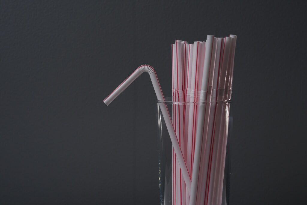 Climate Plastic Straws Plastic straws are displayed in a glass