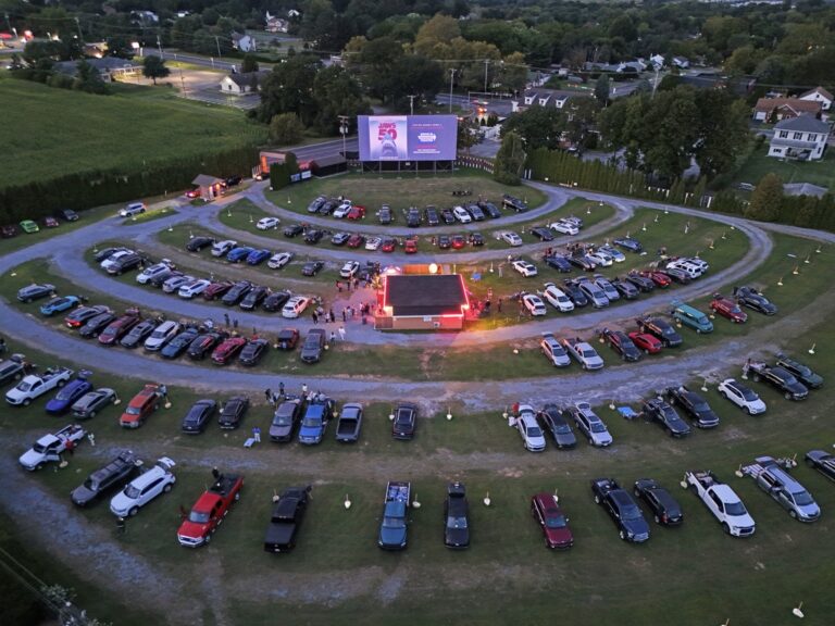 Rows of cars parked at a drive-in theater in Pennsylvania
