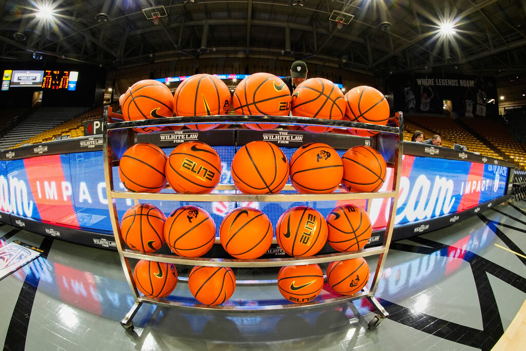 Gambling Investigation Basketball Basketballs sit on a rack on a court