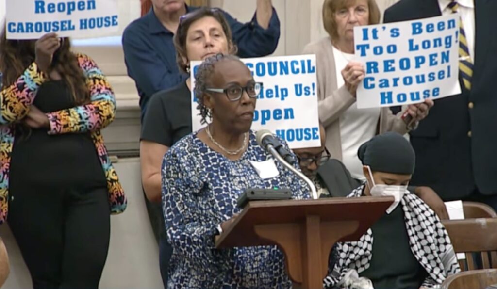 Carousel-House-Tamar-Council-091825 Tamar Riley, president of the Carousel House Advisory Council, speaks at a Philadelphia City Council meeting