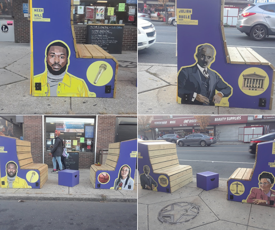 4 photos arranged together showing different purple benches on the sidewalk that have bookshelves built into them