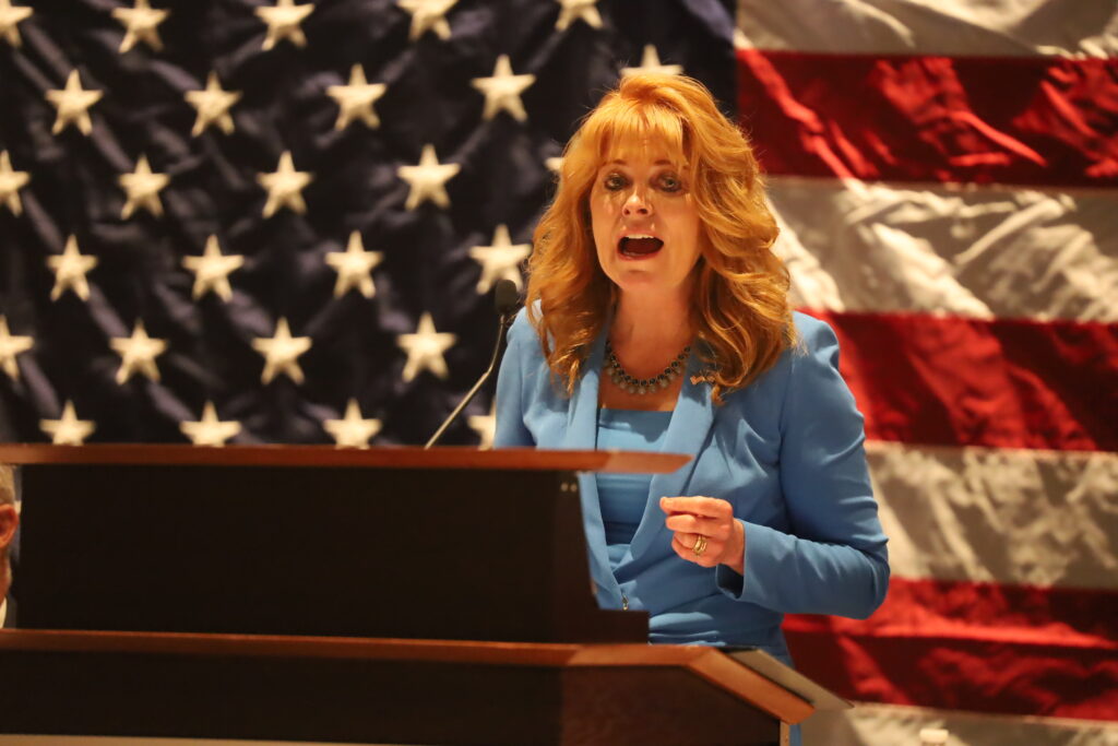 Garrity01 State treasurer Stacy Garrity speaks at the Pennsylvania Republican Party’s fall meeting with an American flag behind her
