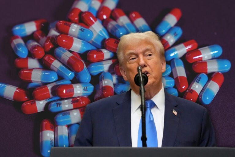President Donald Trump speaks on Tylenol and autism at a press conference in the White House, Monday, Sept. 22, 2025, in Washington. (AP Photos; altered)