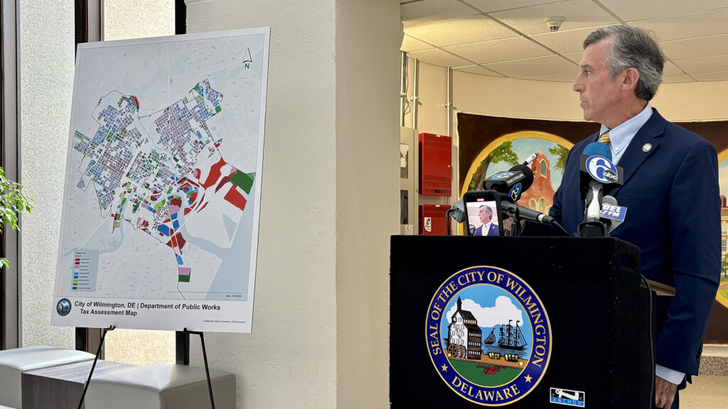 carney_property_tax_deadline Wilmington Mayor John Carney refers to a map where the poorest neighborhoods in the city, in red, were feeling the brunt of property tax hikes