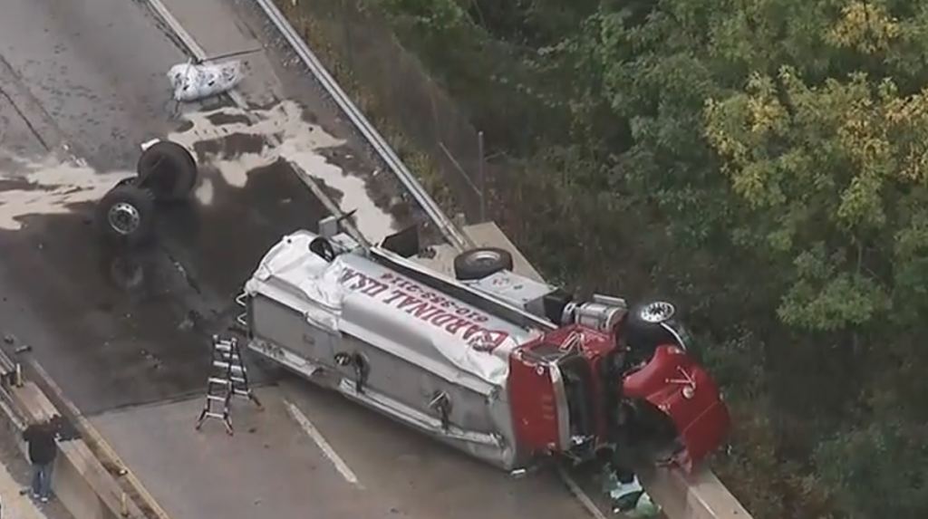 delaware-county-tanker-truck-6abc-092225 An overturned tanker truck on Route 1 Bypass in Upper Province Township